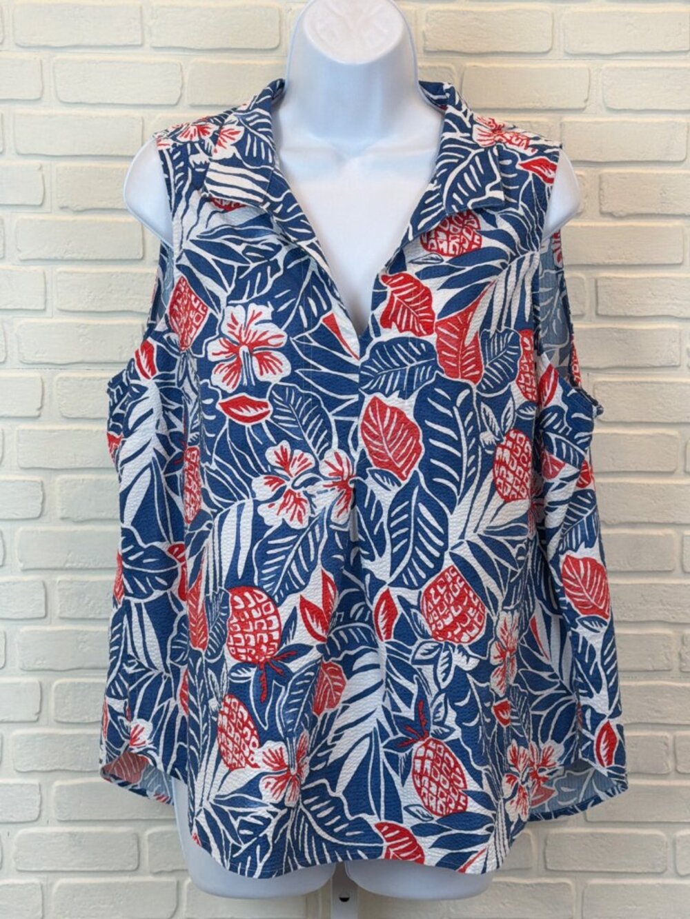 Tommy Bahama Tropical Print Sleeveless Top Blue Red XL